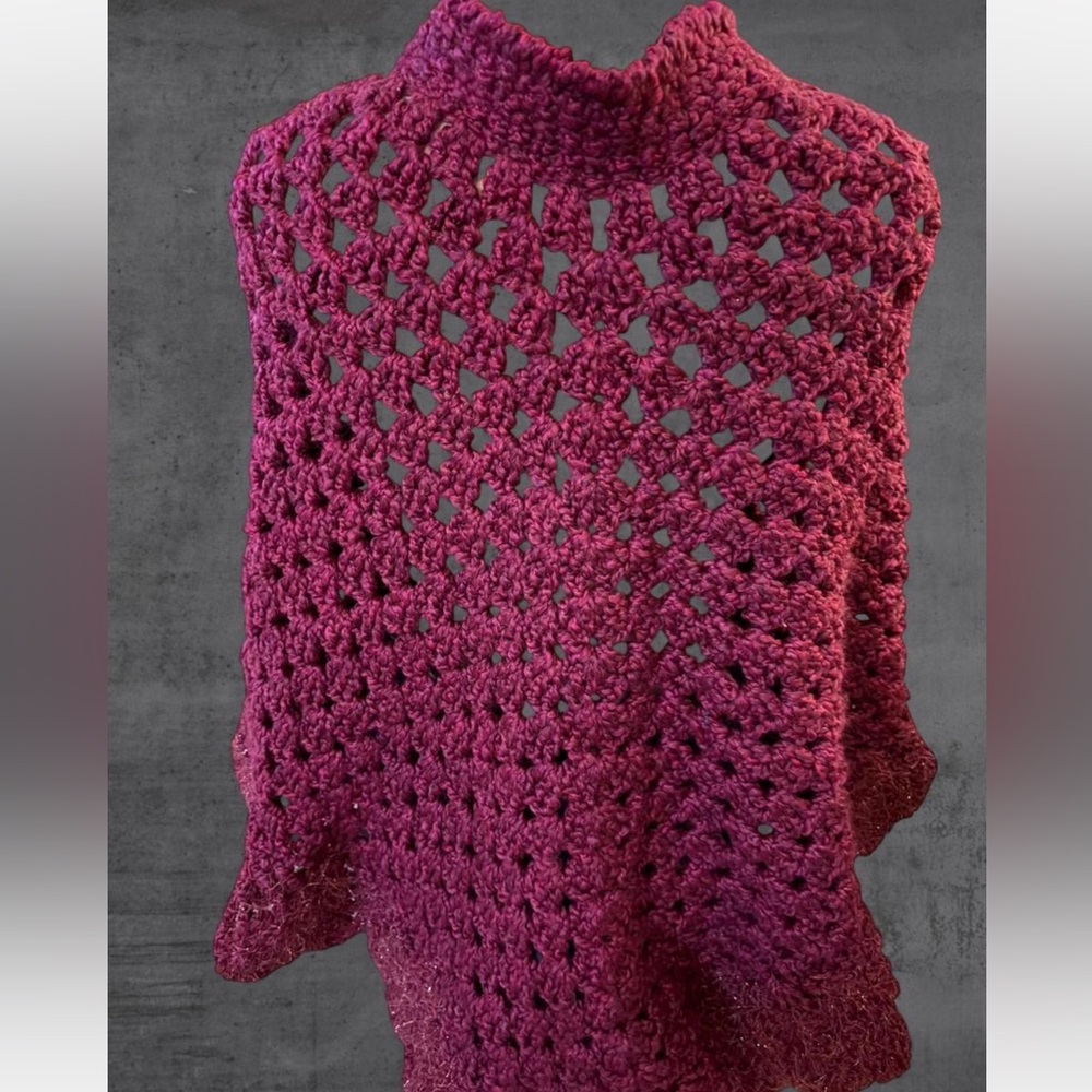 Magenta‎ Purple Pink Open Knit Boho Crochet Mock Neck Poncho - Picture 4 of 5